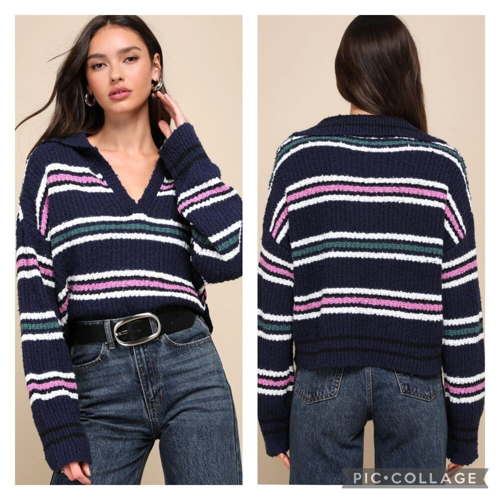 Free People Kennedy Collared Striped Sweater Preppy Classic Size Small